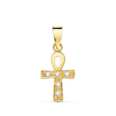 18K CRUZ DE LA VIDA ORO AMARILLO CON CIRCONITAS BLANCAS. 14 X 10 MM