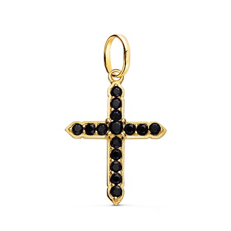 18K CRUZ ORO AMARILLO CON 15 CIRCONITAS NEGRAS EN GARRAS. 24 X 18 MM