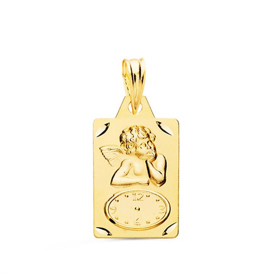 Medalla rectangulo ángel burlón y reloj tallada oro 18k 19x11 mm
