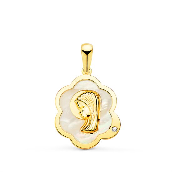 Medalla virgen niña nube con nacar y circonita oro 18k 15x12 mm