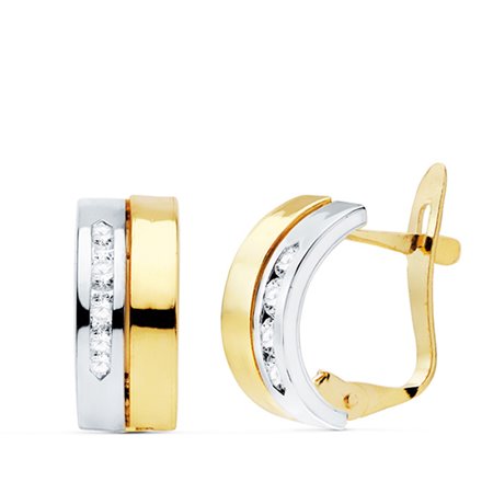 Pendientes con bandas oro bicolor 18k y circonitas