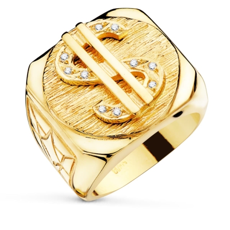 Sello Dólar macizo con circonita oro 18k